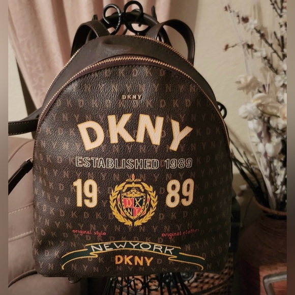 Dkny Handbags - - DKNY Scarf Print Signature Backpack Brown 1989 Graphic